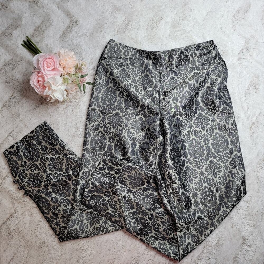 Bloomingdales Black Gray White Damascus Print‎ Shimmer Straight Pants Size 6